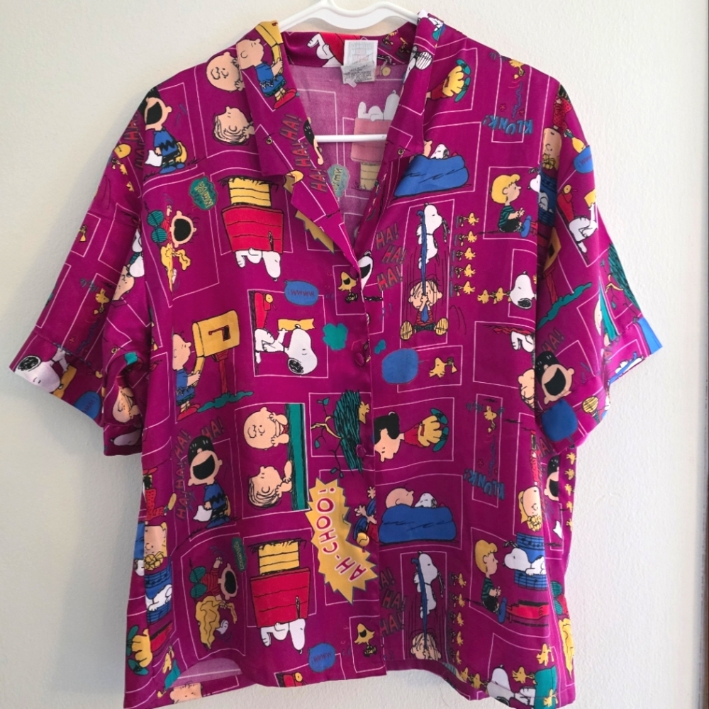 Vintage Peanuts' Gang Colorful Cartoon‎ Print PJ Shirt Sz. M